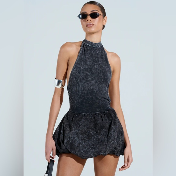 AKIRA Dresses & Skirts - AKIRA Black Mineral-Wash Halter Bubble Mini Dress